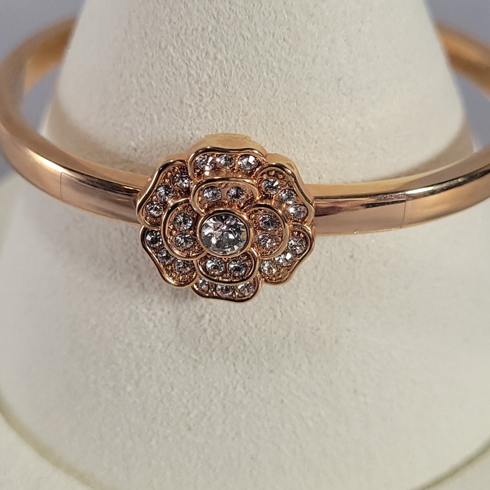 Anne Klein Bangle Bracelet Women Rose Gold Crystal Floral Pavé Rose Blossom - Picture 3 of 8